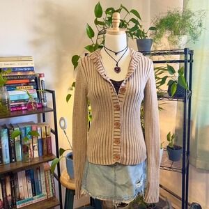 Brown Knit Cardigan Sweater Button Up Hoodie Size Large Boho Festival Y2K